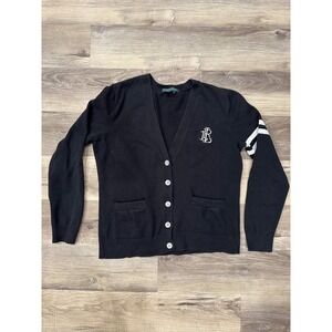 Lauren Ralph Lauren Womens Black preppy Cardigan Sweater RB Logo Stripes Size M